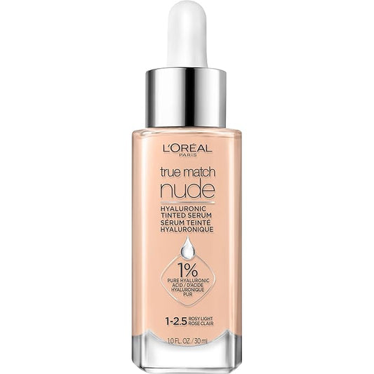 L'Oreal Paris True Match Nude Hyaluronic Tinted Serum Foundation with 1% Hyaluronic acid, Rosy Light 1-2.5, 1 fl. oz.-Velvo Beauty