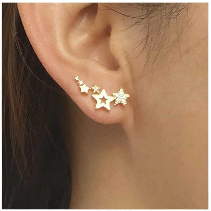 Bohemia Star Climber Crawler Earrings Gold Crystal Star Ear Climber Earrings Cluster Star Studs Earring Festival Earrings Jewelry for Women and Girls (Gold)-Velvo Beauty