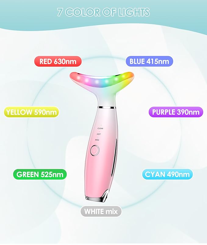 7 Color Neck Face Massager - Facial Massager Tool for Skin Care at Home, Vibrating Face Massager with Thermals, Pink-Velvo Beauty
