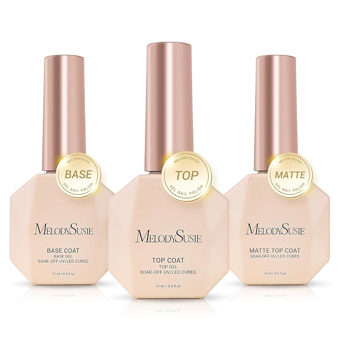 MelodySusie No Wipe Glossy Top Coat Base Coat Matte Top Coat Set Long Lasting Shine Finish Soak Off UV LED Nail Lamp Nail Art Design Manicure Kit Perfect Gifts for Women Girls 3 Pcs 15ml Clear-Velvo Beauty