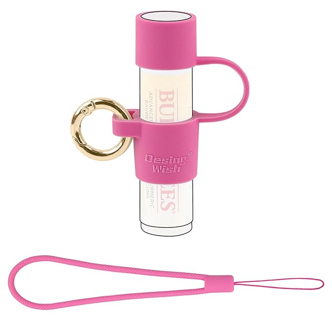 Desing Wish Silicone Lip Balm Holder with Cap Cover Portable Chapstick Holder Keychain Sleeve Lip Balm Key Chain with Key Ring and Wrist Strap Lanyard - Rose-Velvo Beauty
