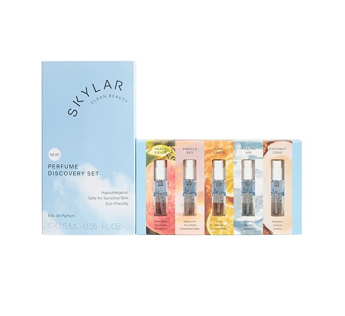 Skylar Perfume Discovery spray Sampler Set - Peach Fields, Vanilla Sky, Lime Sands, Salt Air, Coconut Cove - Hypoallergenic & Clean Perfume for Women & Men - 5 1.5mL-Velvo Beauty