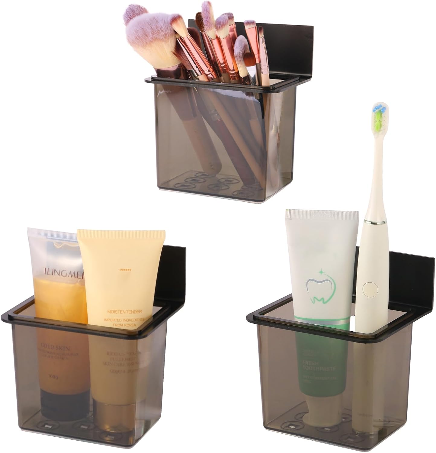 Toothbrush Holder Toothpaste Holder with Wall Mount for Family, Metal Frame & Plastic Black Bathroom Organizer Set with Adhere Tape for Bathroom -one Pack-Velvo Beauty