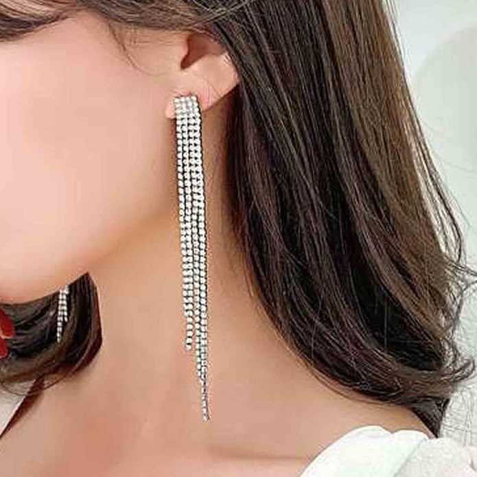 Boho Rhinestone Tassel Earrings Long Fringe Drop Dangle Earrings Silver Crystal Chain Tassel Earrings Vintage Chandelier Chain Studs Earrings Luxury Statement Earrings Jewelry for Women and Girls Gifts-Velvo Beauty