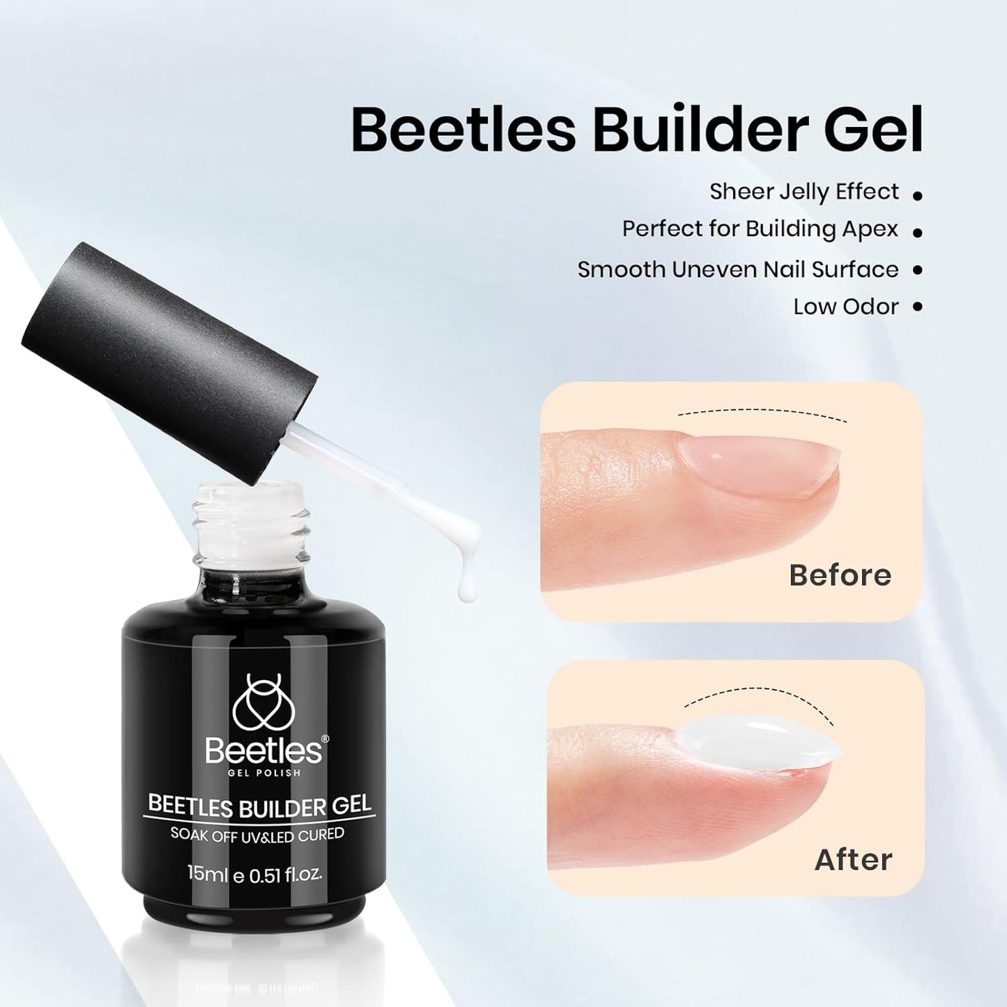 Beetles Builder Nail Gel & Top Coat and Base Coat Set-3Pcs 15ml White Gel Nail Polish Strengthener Gel Polish Soak Off UV LED for Nail Extension, Nail Repair, Shine Effect Long Lasting-Velvo Beauty