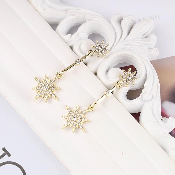 Vintage Crystal Starburst Drop Earrings Long Rhinestone Northstar Earrings Gold Cz Star Dangle Earrings Cz North Star Stud Earrings Jewelry for Women-Velvo Beauty