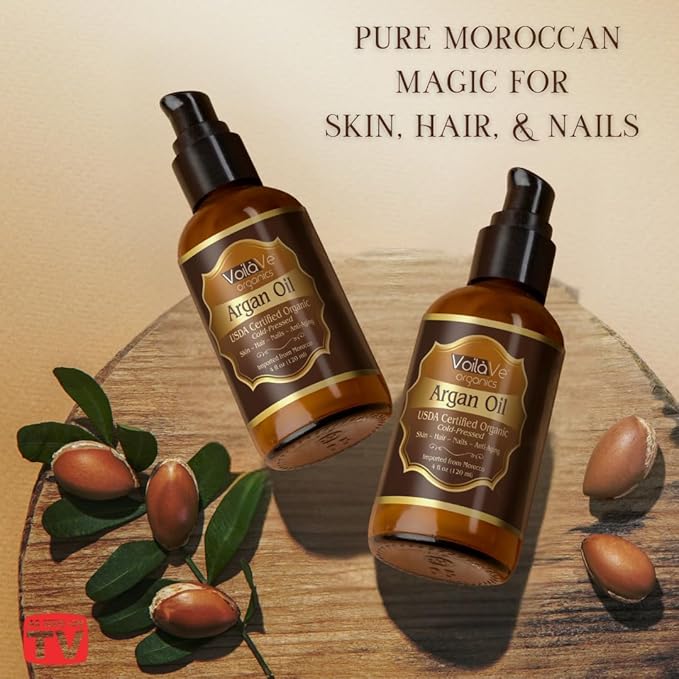 VoilaVe USDA and ECOCERT 100% Pure Organic Moroccan Argan Oil for Skin, Nails & Hair Growth, Anti-Aging Face Moisturizer, Cold Pressed, Hair Moisturizer, Rich in Vitamin E, As Seen On TV - 4 fl oz-Velvo Beauty