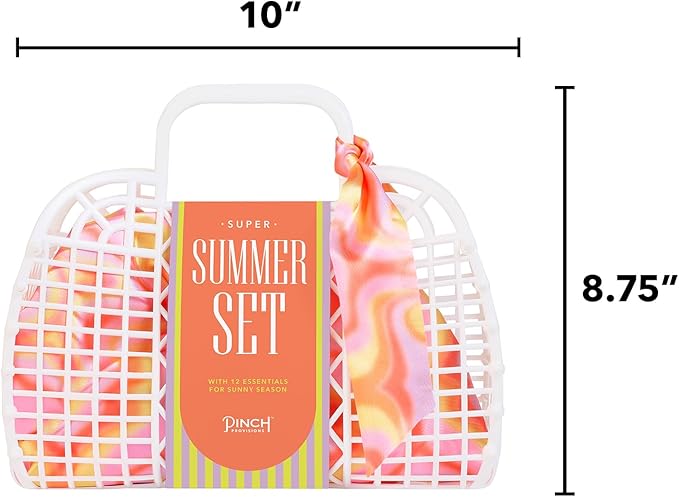 Pinch Provisions Super Summer Jelly Tote, 12 Beach & Poolside Accessories For Beauty, Perfect for Pool & Beach Days, Includes Oil Absorbing Roller, Rechargable Fan, Towel Clips, & Ice Roller-Velvo Beauty