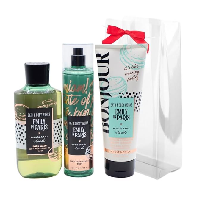 Bath & Body Works Emily in Paris MACARON CLOUD 3pc Bundle Gift Set with a Red Bow for Holidays - Mist, Body Cream, Shower Gel - Full Size-Velvo Beauty