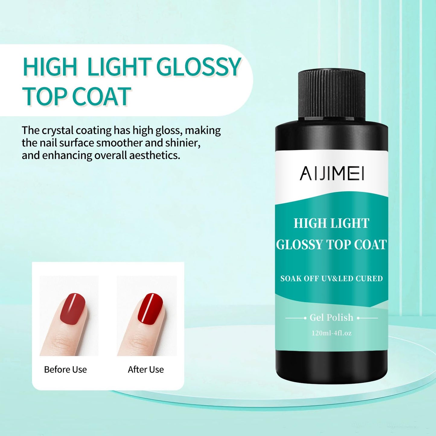AIJIMEI 120ml High Shine Glossy Top Coat for Nails Long Lasting, Smooth TopCoat, High Light Glossy Top Coat for DIY Nail Art Use Enhance Your Manicure with Brilliant Reflection 4 Fl Oz-Velvo Beauty