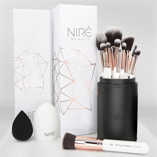 Niré Beauty White 15piece Award Winning Professional Makeup Brush Set: Vegan Makeup Brushes with Case, Makeup Sponge, Cleaner, Guide, Gift Box-Velvo Beauty
