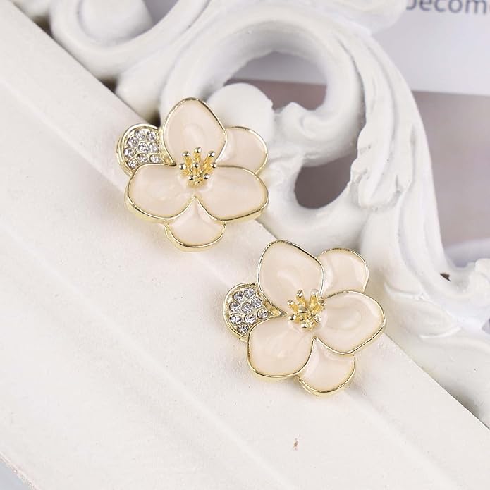 Vintage Enamel Flower Stud Earrings Camellia Flower Earrings Gold Crystal Flower Petal Earrings White Petal Stud Earrings Jewelry for Women-Velvo Beauty