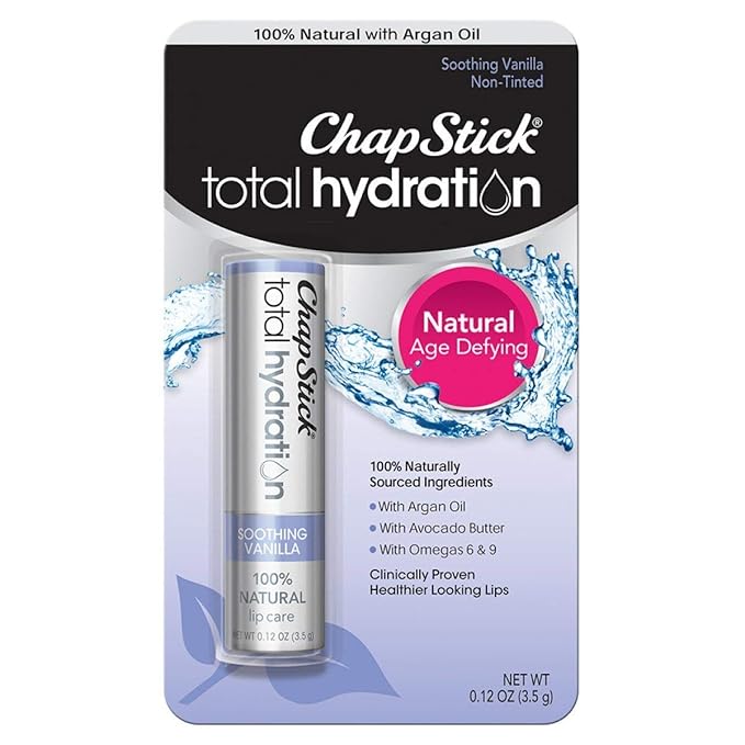 ChapStick Total Hydration Soothing Vanilla Moisturizing Lip Balm Tube, Lip Care with Argan Oil - 0.12 Oz-Velvo Beauty