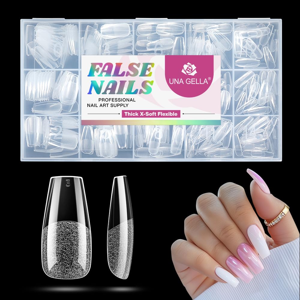 UNA GELLA Coffin Nails Tips Medium: Gel Nail Tips Coffin Shape 330pcs Pre-Etched Full Cover Press On Clear Acrylic Fake Nails Extension DIY Salon 15 Sizes-Velvo Beauty