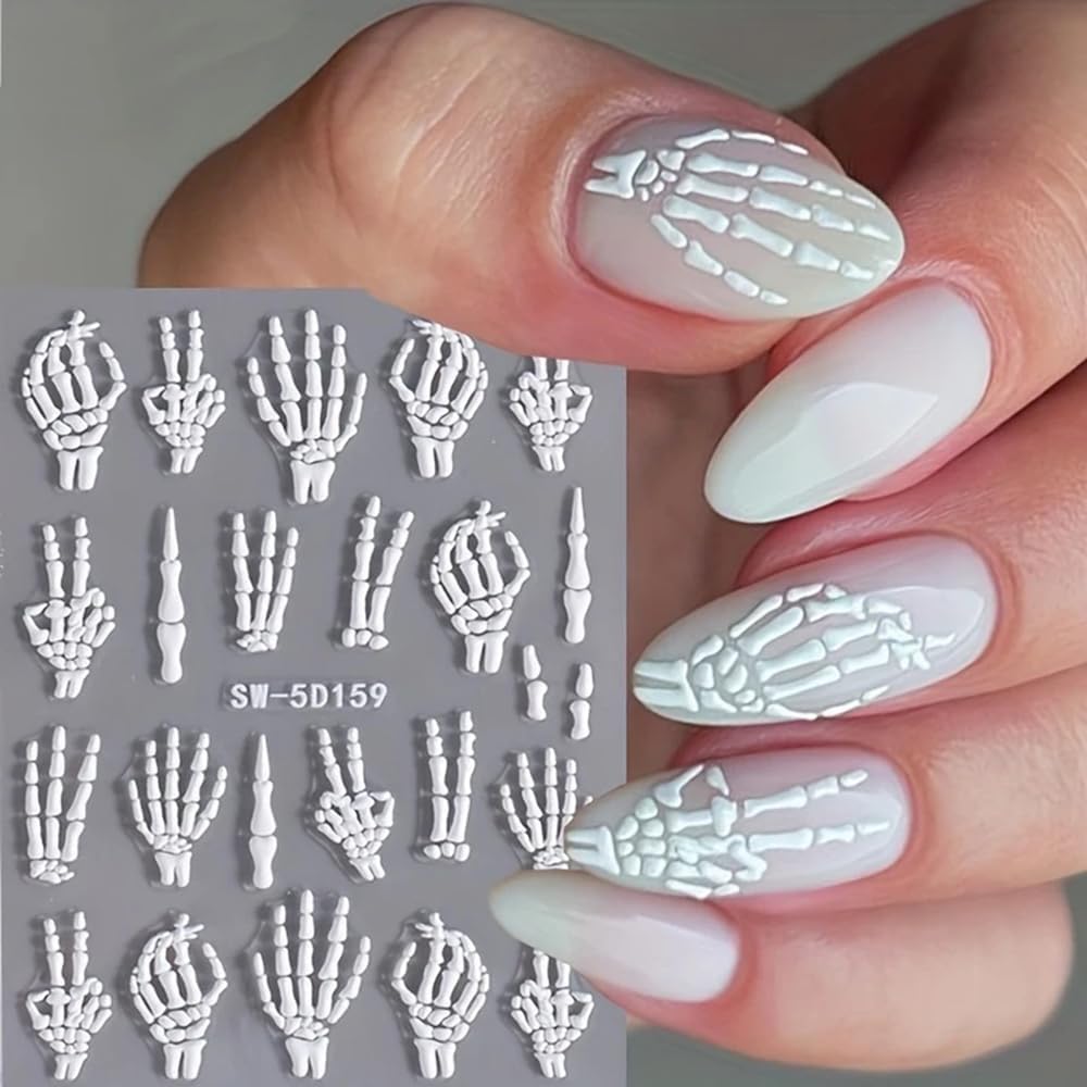 3Pcs Skull & Ribcage 5D Nail Stickers - Y2K Gothic Horror Design, Self-Adhesive Foil Decals Halloween Nail Art, Single-Use Plastic Embossed Animal Print, Golden, White, Rose Gold Skull Nails Decals-Velvo Beauty