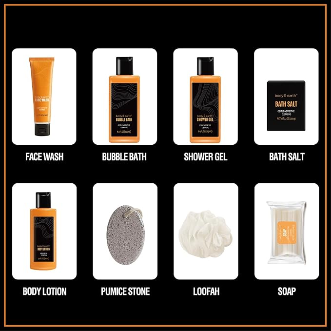Body & Earth Gift Baskets for Men Bath Set Citrus Scented Bath and Body Gift Set with Body Lotion, Face Wash, Shower Gel, Bubble Bath, Loofah, Birthday Fathers Day Gifts-Velvo Beauty