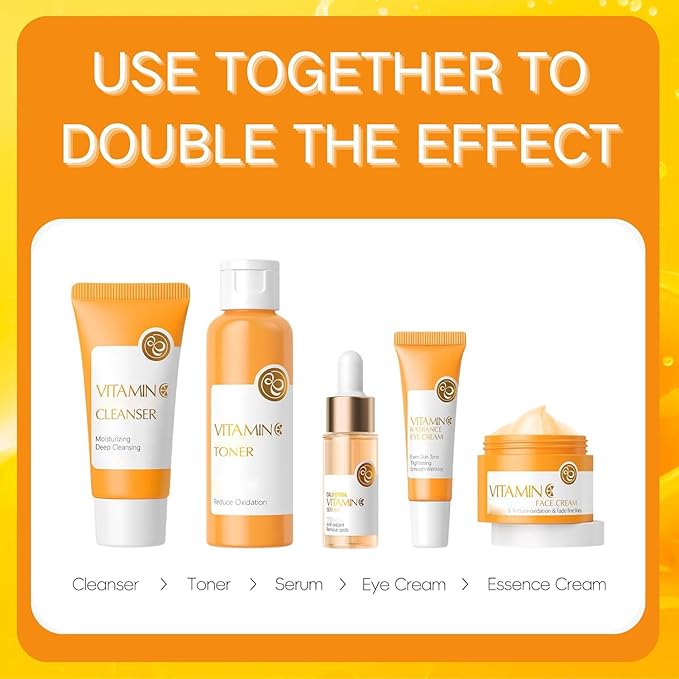 Vitamin C Skincare Set, 5Pcs Skincare Gift Set With Cleanser, Toner, Face Serum, Face Cream, And Eye Cream, Facial Kit for Women, 5-In-1 Skin care Gift Set, Moisturizing Skincare Set For Women Men-Velvo Beauty