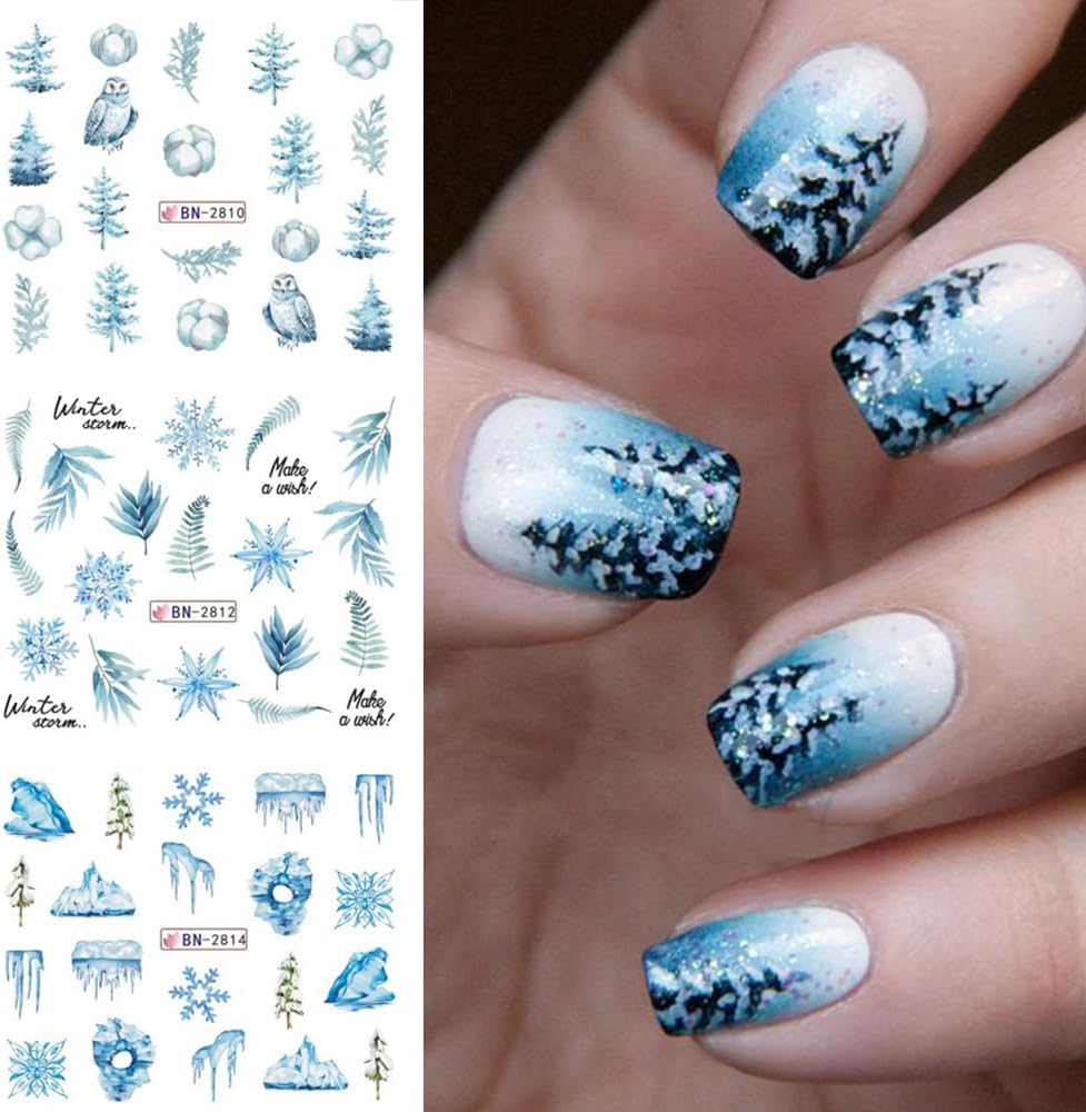 12 Sheets Snowflake Nail Art Stickers Water Transfer Nail Decals Christmas Nail Art Decorations Blue Snowflake Elk Santa Tree Bear Cute Winter Pattern Watermark Nail Stickers for Women DIY Nail Supply-Velvo Beauty