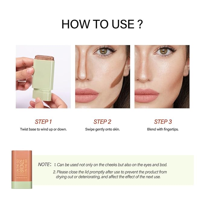 Bronzer Stick 4 Colors Blendable and Buildable Face Bronzer Face Shaping Long Lasting Cream Contour Bronzer Stick (02 Soft Glow)-Velvo Beauty