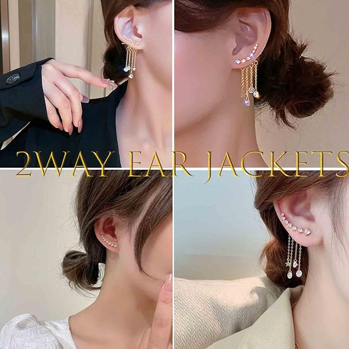Boho Star Ear Jacket Earrings Gold Cz Star Ear Climber Earrings Crystal Chain Tassel Earrings Crystal Ear Crawler Long Chain Earrings Jewelry for Women and Girls Gifts-Velvo Beauty