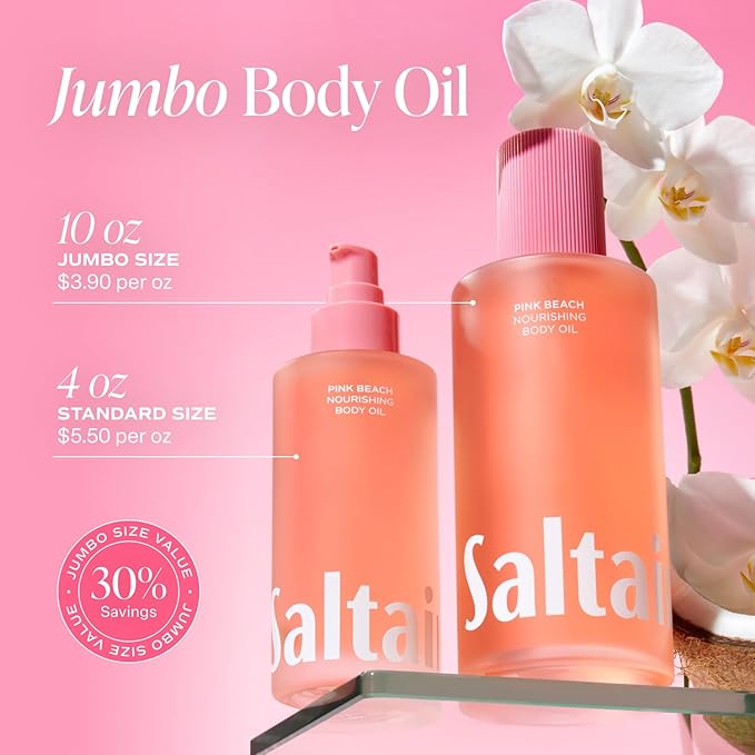 Saltair Body Oil. Jumbo Size Pink Beach After Shower and Bath Oil Moisturizer for Women and Men. Botanical, Non-Greasy, and Well-Absorbing Lotion for Hydrating Dry Skin. 10oz Bottle-Velvo Beauty