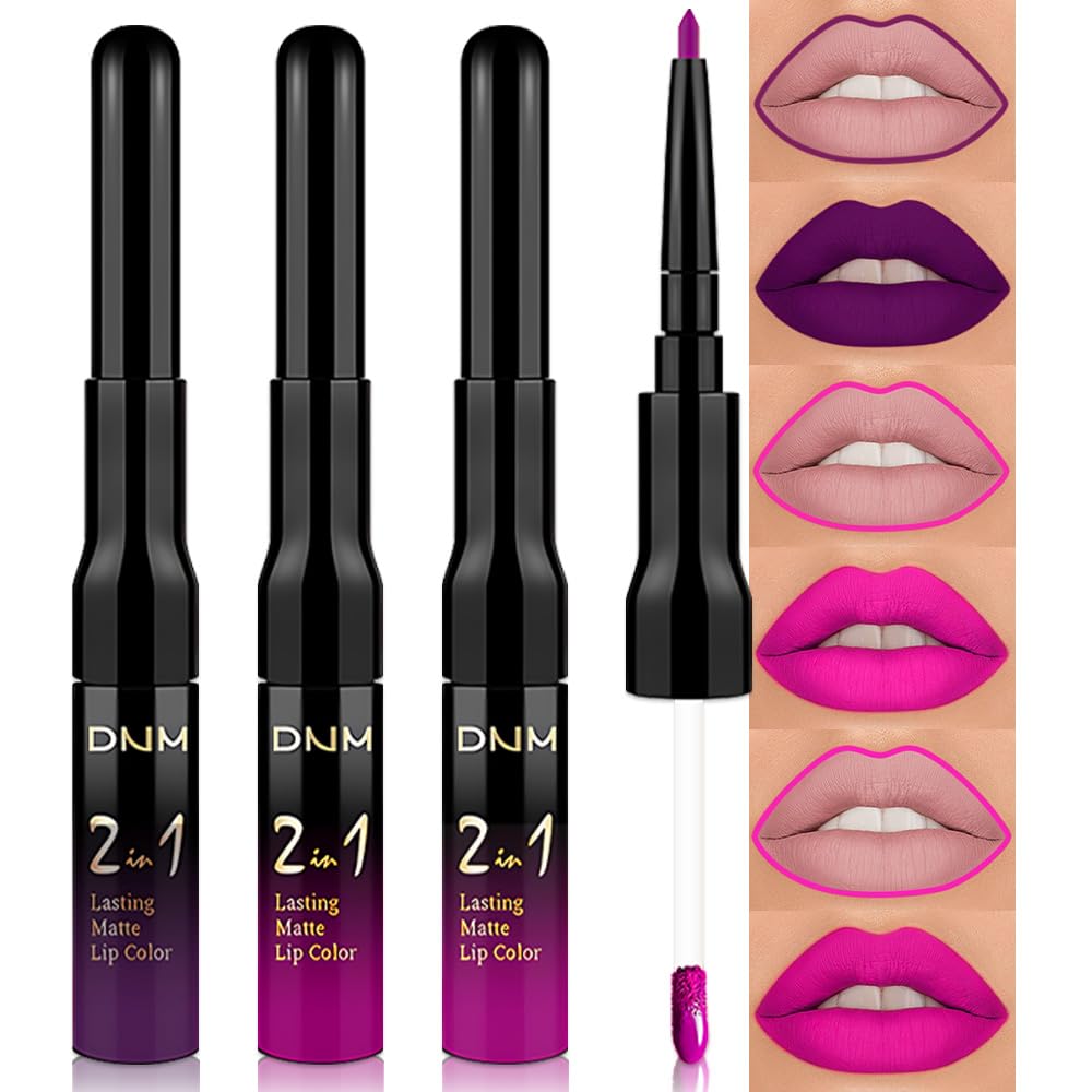 evpct 3Pcs Purple Hot Pink Fuschia Red Matte Lip Liner & Liquid Lipstick Stain Makeup Set for Women, Lip Liner Stain Long Lasting Waterproof Smudge Proof, Cruelty Free Lip Makeup 24 hours originales-Velvo Beauty