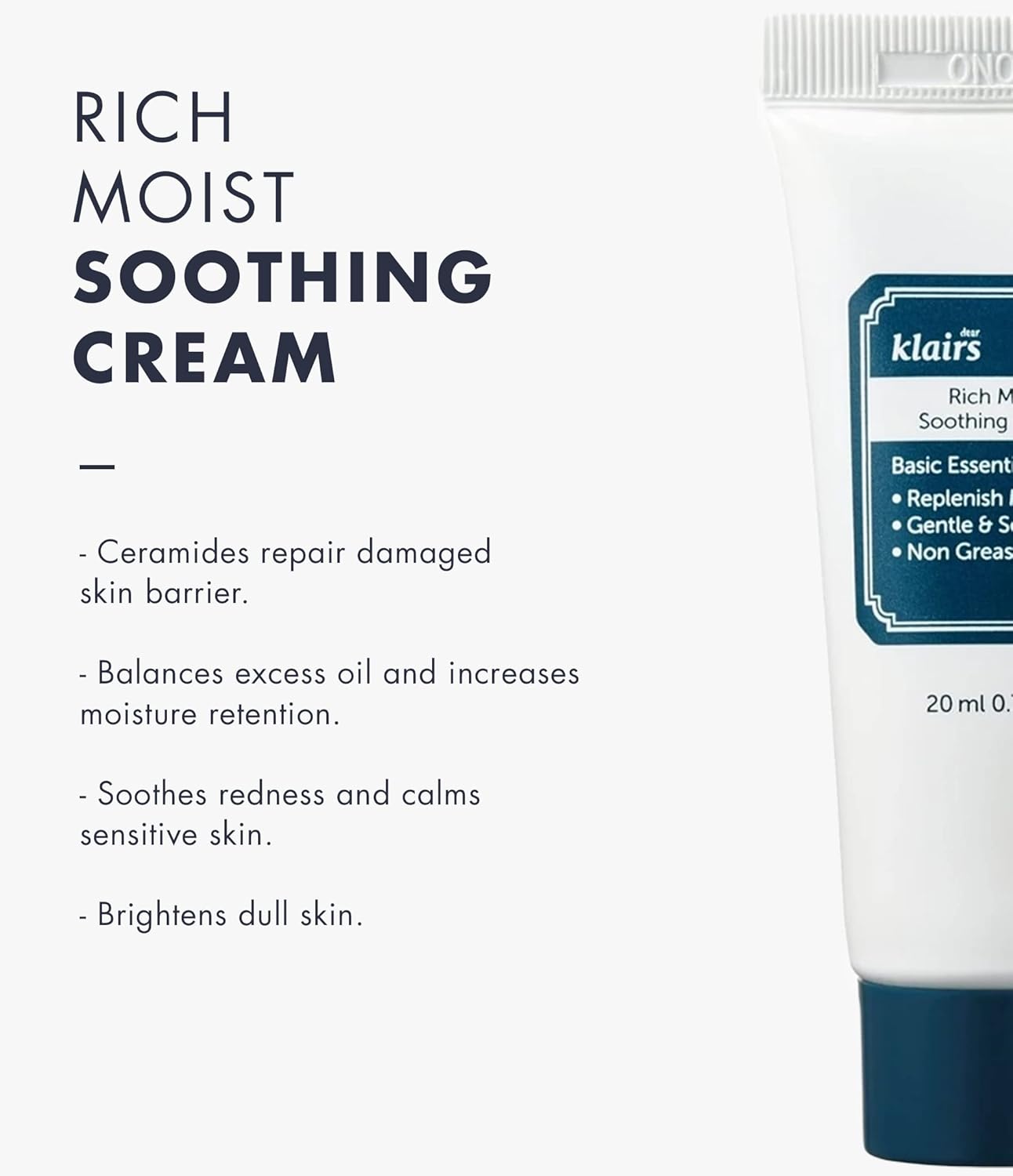 DearKlairs Rich Moist Soothing Cream 20ml, Repair Skin Barrier, Sensitive Skin, Hypoallergenic, Centella Asiatica, Ceremide, Moisturizer, Hydration, Protective layer Beta Glucan, Non-sticky, K-beauty-Velvo Beauty