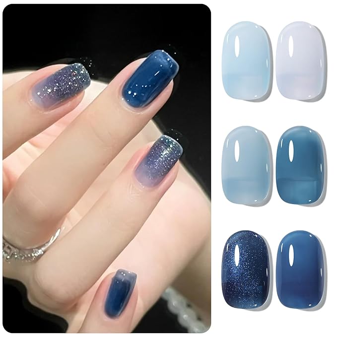 BORN PRETTY Jelly Blue Gel Nail Polish Set 6 Colors Translucent Light Blue Baby Blue Royal Blue Reflective Glitter Blue Nail Gel Kit Soak Off Nail Art Manicure Design Home Salon Holiday Gift-Velvo Beauty