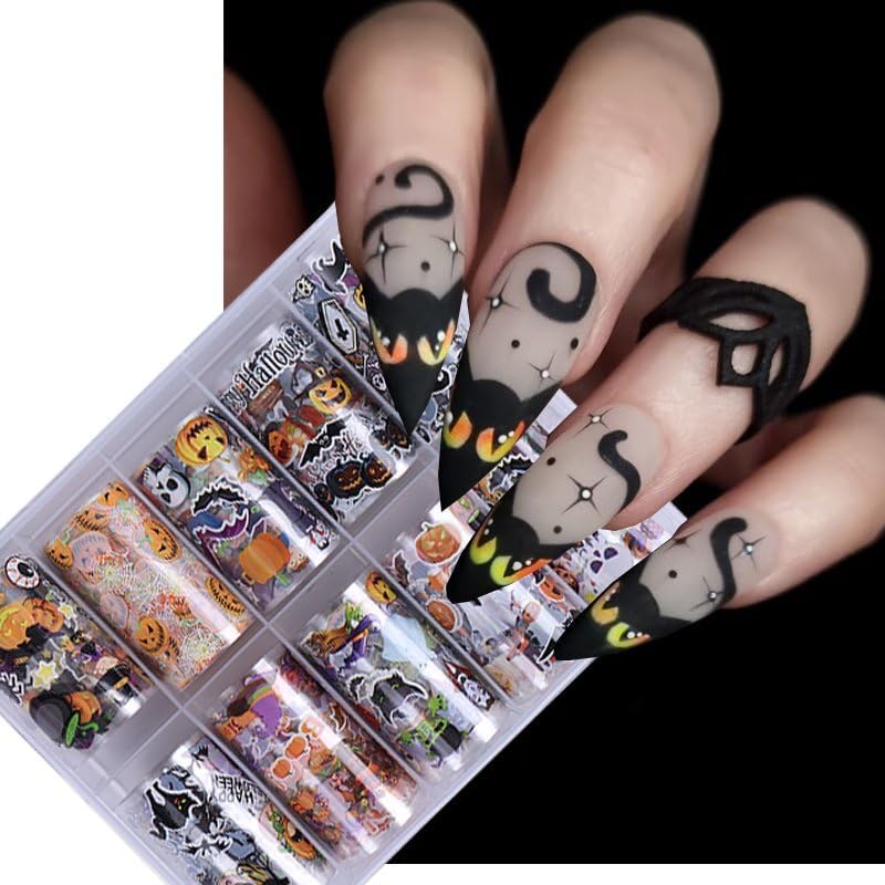 Halloween Nail Foil Transfer Stickers 10 Rolls Orange Pumpkins Skull Nails Stickers Funny Black Hat Nail Foils 1 Box Colorful Starry Sky Paper Nail Decals Halloween Nails Art Sticker Nails Art Decals-Velvo Beauty