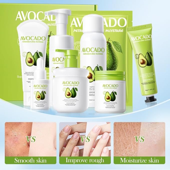 Avocado Facial Skincare Set - Complete Eight-Piece Kit for Soothing, Nourishing, and Moisturizing-Velvo Beauty