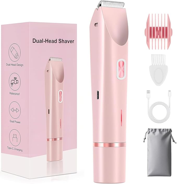 Dermave Bikini Shaver 2.0, 2025 New Glow Aura Bikini Trimmer for Women, 2 in 1 Dual Head Electric Razors for Women, IPX7 Waterproof Wet & Dry Electric Shaver, Rechargeable Portable Body Shaver (Pink)-Velvo Beauty