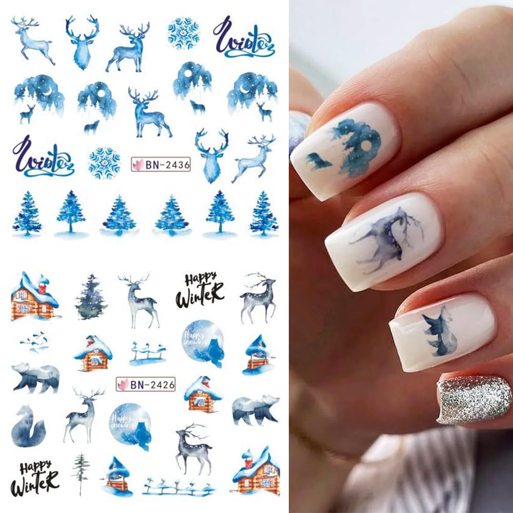 Christmas Nail Art Stickers Snowflake Water Transfer Nail Decals Winter Snow Flake Elk Cold Ice Bear Tree Nail Design Stickers for Nail Art Acrylic Watermark Nail Foils for Christmas Nail Decor 12Pcs-Velvo Beauty