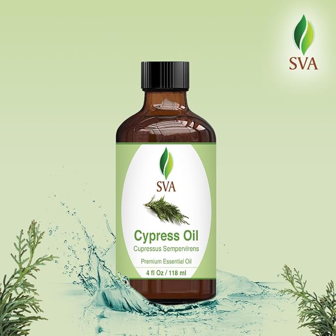 SVA Cypress Essential Oil – 4 Fl Oz – 100% Natural Cypress Oil - for Diffuser, Hair Care, Face, Skin Care, Aromatherapy, Scalp and Body Massage, Soap and Candle Making – with Dropper-Velvo Beauty