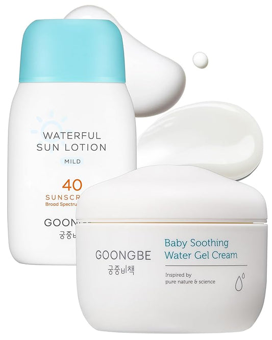 Sun Lotion SPF 40 & Baby Soothing Water Gel Cream - Zinc Oxide Mineral Sunscreen & Cooling Moisturizer - Korean Skincare for Babies Kids - Hypoallergenic Formula, 2.82oz & 3.38oz-Velvo Beauty