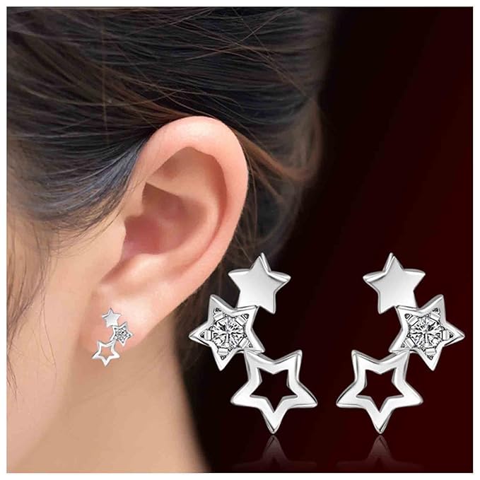 Boho Rhinestone Star Ear Climber Earrings Silver Cluster Star Earrings Minimal Crawler Earrings Vintage Studs Earrings Jewelry for Women and Girls-Velvo Beauty