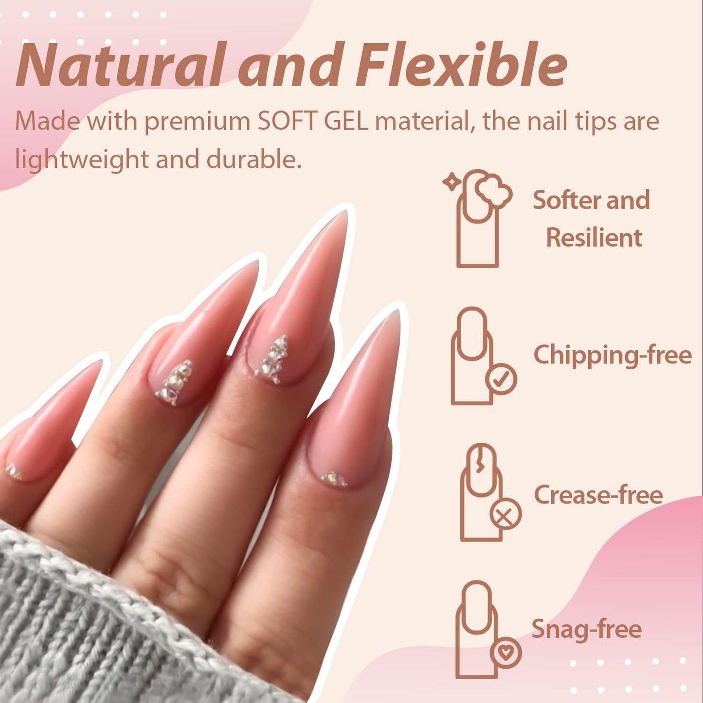 UNA GELLA Long Stiletto Gel Nail Tips Halloween Full Cover 504PCS Pre-shape Long Stiletto Almond Fake Clear Nails Tips No Need File Gel Tips No C Curve for Nail Extension DIY Art Salon 12 Sizes-Velvo Beauty