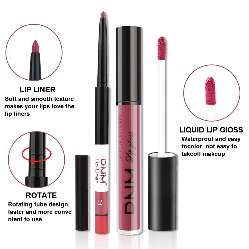 evpct 2Pcs Rose Red Pink Mauve Neutral Color Lip Liner and Matte Lipstick Makeup Sets Vegan Lipstick Lip Liner and Gloss Set Lip Stain Long Lasting Waterproof 24 31#-Velvo Beauty