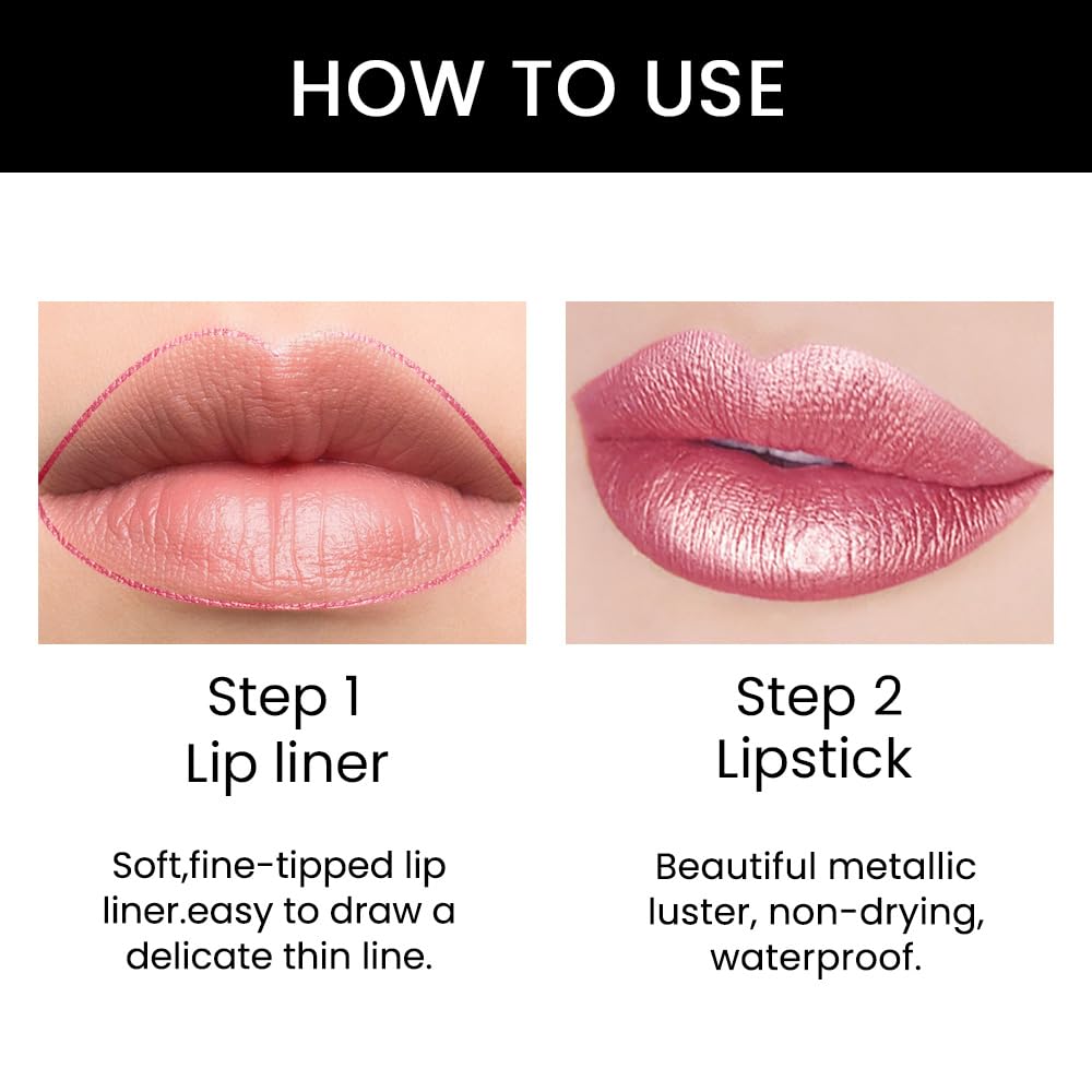 Kaely 2-in-1 Natural Pink Metallic Shine Shimmer Lip Liner & Lipstick Combo Set Kit for Women, Lightweight Hydrating Formula High Impact Full Coverage Lipstick and Lip Liner Makeup Gloss 20-Velvo Beauty
