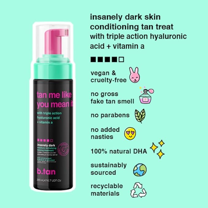 b.tan Dark Self Tanner Mousse | Tan Me Like You Mean It - Dark, 1 Hour Express Sunless Tanner Foam, Bronzing Glow, No Fake Tan Smell, Face & Body, Vegan, Cruelty & Paraben Free, 6.7 Fl Oz-Velvo Beauty