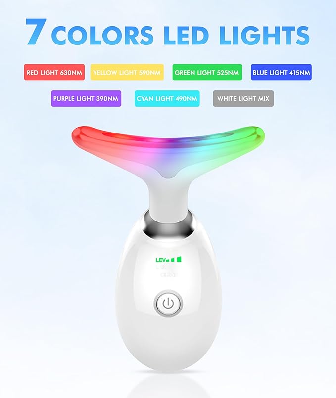 Red-Light-Therapy-for-Face-and-Neck, 7 Color Face Massager Tool for Wrinkles, Double Chin, Vibrating Facial Massager with Thermals for Skin Care, Glossy White-Velvo Beauty