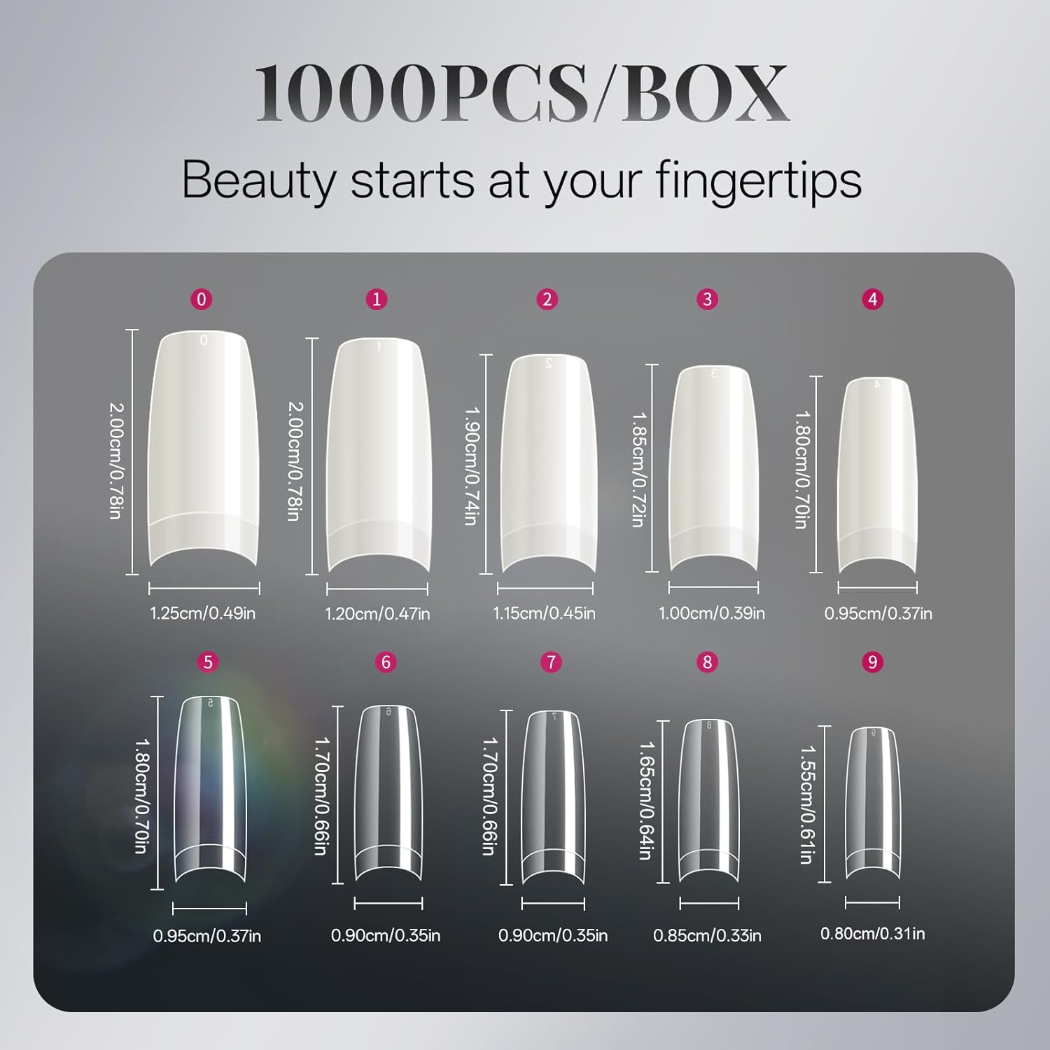 krofaue Nail Tips Lady French Style Acrylic Artificial Half Cover False Nail Tips with Box Ideal for Salons and Home DIY Manicure,10 Sizes,1000PCS (Natural and Clear)-Velvo Beauty