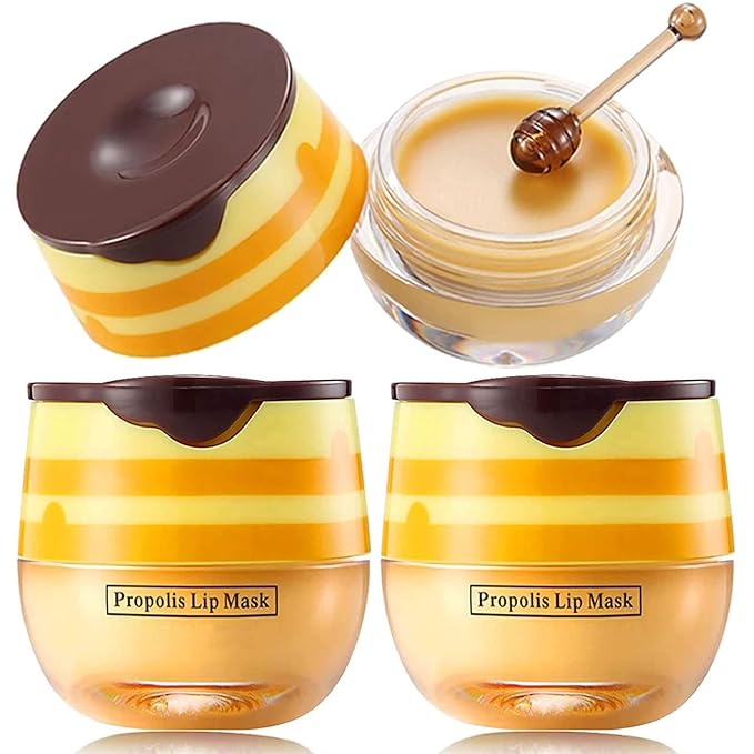 2 PCS Bee Lip Balm Lip Mask Honey Pot Honey Lip Mask Propolis Moisturizing Lip Balm with Stick - Hydrating Prevention Dry and Cracked Lip Scrubs Exfoliato Lip Wrinkle Skin Care Products-Velvo Beauty