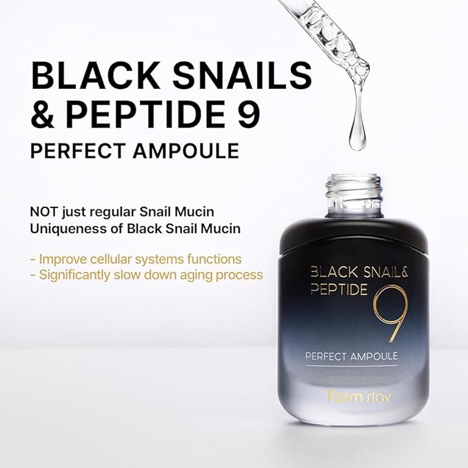Farmstay Black Snail & Peptide9 Perfect Ampoule, Korean Snail Mucin Serum for Elastic & Glow Skin, Boosting Radiance & Repairing Skin Barrier Serum, for Women & Men, Korean Skin Care, 1.18 Fl. Oz.-Velvo Beauty