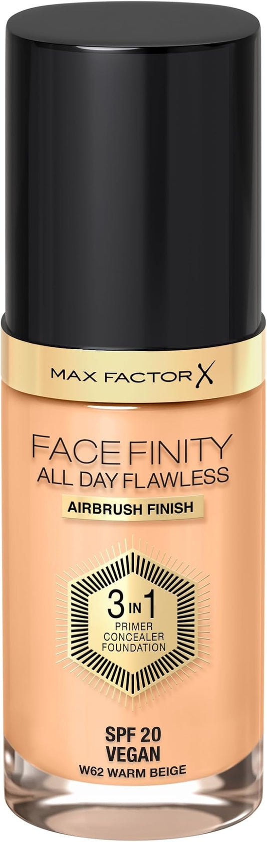Max Factor Facefinity 3-in-1 All Day Flawless Liquid Foundation, SPF 20-62 Warm Beige, 30 ml-Velvo Beauty