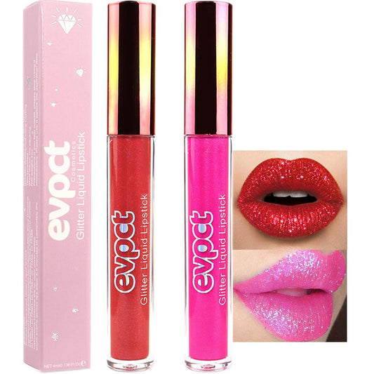 evpct 2Pcs Ruby Red Rose Pink Matte to Glitter Liquid Lipstick Set Kit for Women Long Lasting Glossy Metallic Shimmer Sparkle Lipstick Lip Gloss 3+11-Velvo Beauty