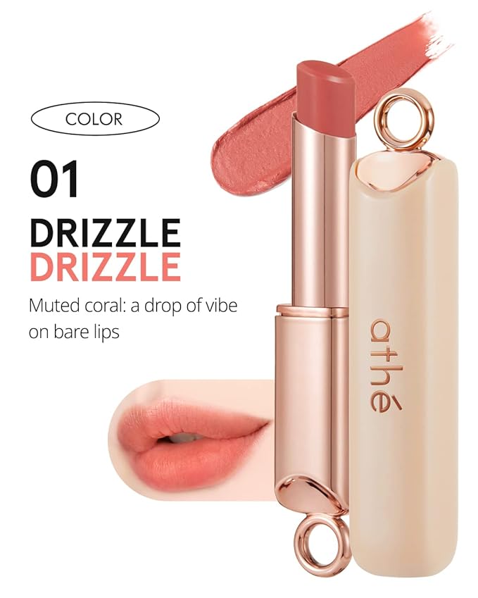 ATHÉ Authentic Airy Lip Balm 01 DRIZZLE, Korean Vegan Color Lip Blam, Flake-Free Slim Fit Lips, Silky Powdery Finish & Air-like Blurring with Vibrant Colors, 0.11oz.-Velvo Beauty