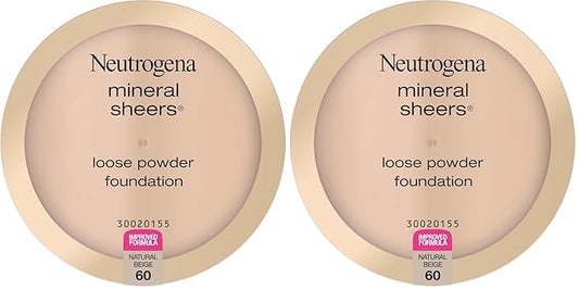 Neutrogena Mineral Sheers Lightweight Loose Powder Makeup Foundation with Vitamins A, C, & E, Sheer to Medium Buildable Coverage, Skin Tone Enhancer, Face Redness Reducer, Natural Beige 60,.19 oz-Velvo Beauty