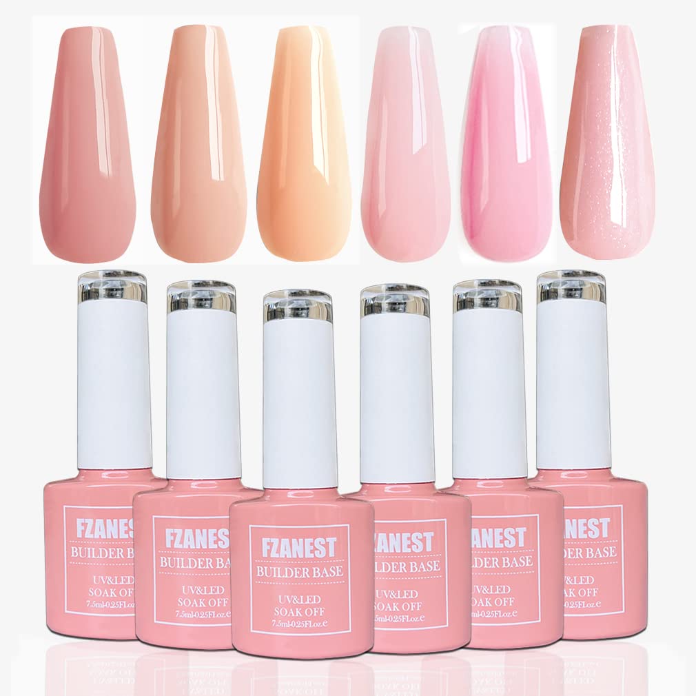 FZANEST Rubber Base Gel Polish, 6pcs*7.5ml Builder Gel Jelly Sheer Natrual Nude Pink in a Bottle UV Gel Polish Kit, Structure Quick Extension Gel-Velvo Beauty