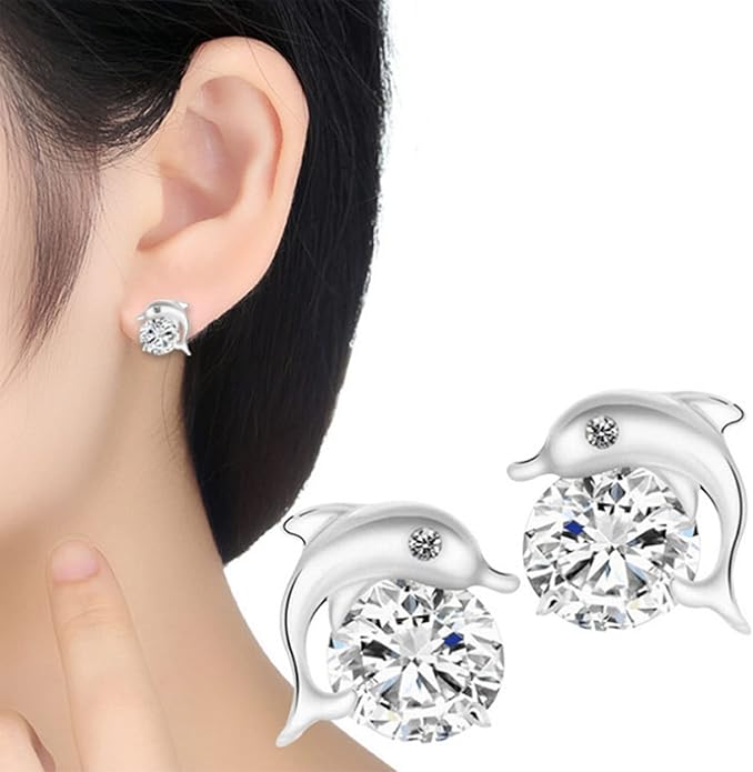 Silver Dolphin CZ Earrings Cute Animal Stud Earrings Tiny Earring Jackets Gifts for Women and Girls-Velvo Beauty
