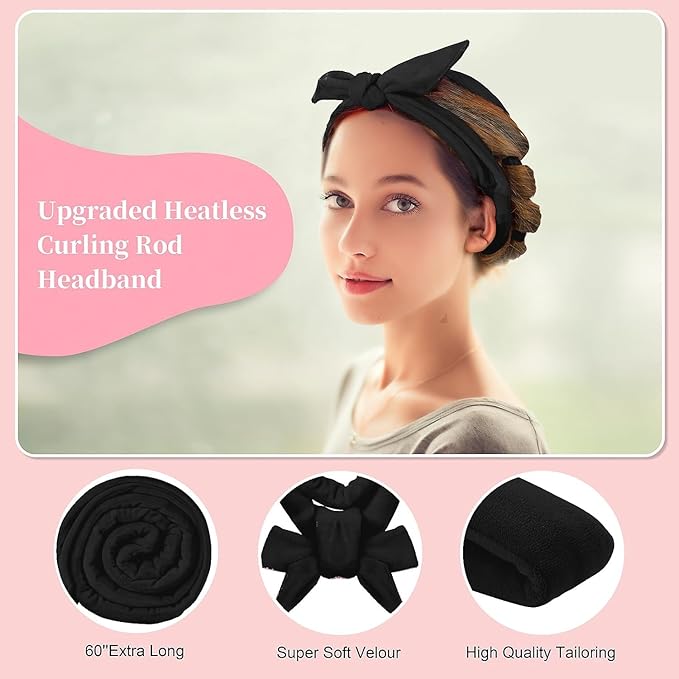Heatless Curling Rod Headband, Upgraded 60" Extra Long Heatless Curls Headband Soft Hair Curlers to Sleep In Hair Rollers No Heat Curls (Deep Black)-Velvo Beauty